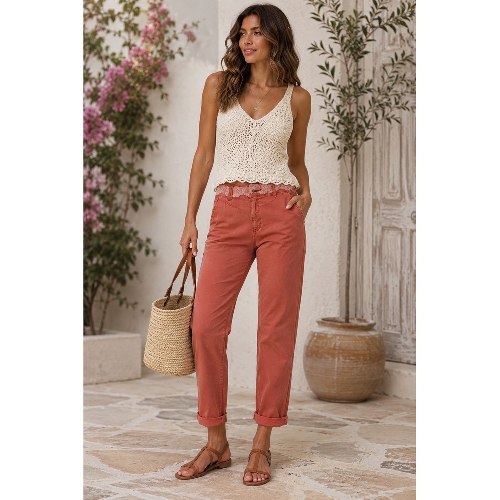 Pilcro and the Letterpress Hyphen No. 27 Coral Pink Lace Trim Skinny Pants Women